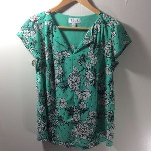 Elle Green Flower V-neck Blouse size M